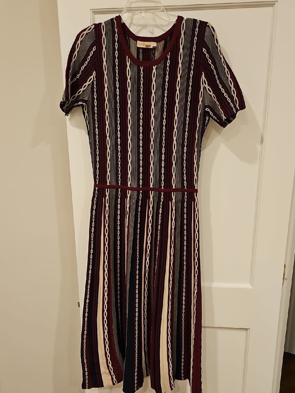Tory Burch Burgundy and Cream And Navy Striped Knit Midi Dress Size: Large EUC